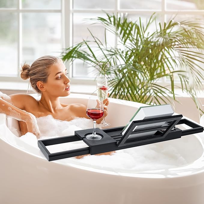 Utoplike Bamboo Bathtub Tray Black, Adjustable Bath Caddy Table - Image 2