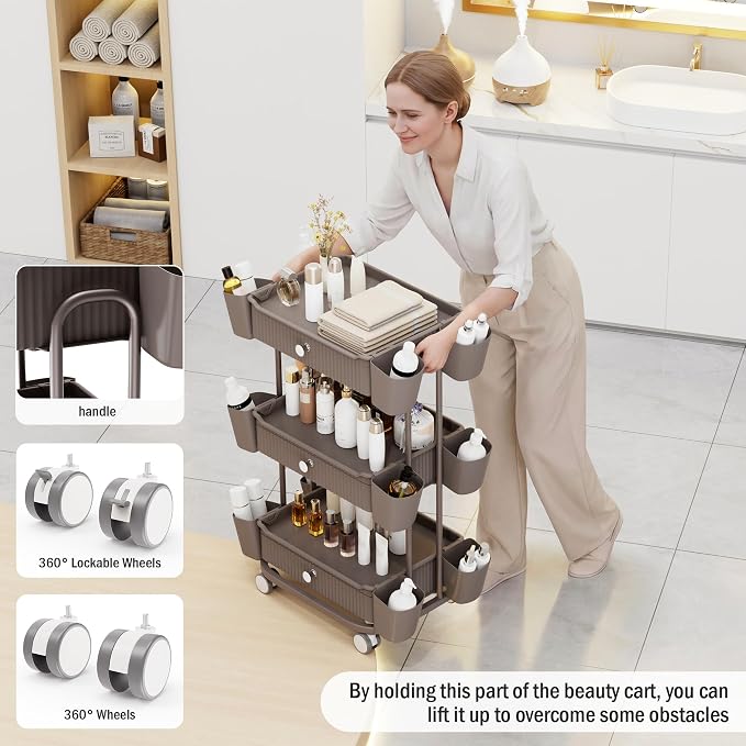 3 Tier Drawer Beauty Cart with 12 Movable Storage Organizer, Thickened ABS & - Image 4