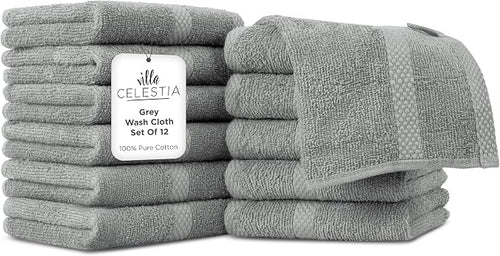100% Cotton Wash Cloth for face & Body Set of 12, Sustainable, Highly Absorbent by VillaCelestia