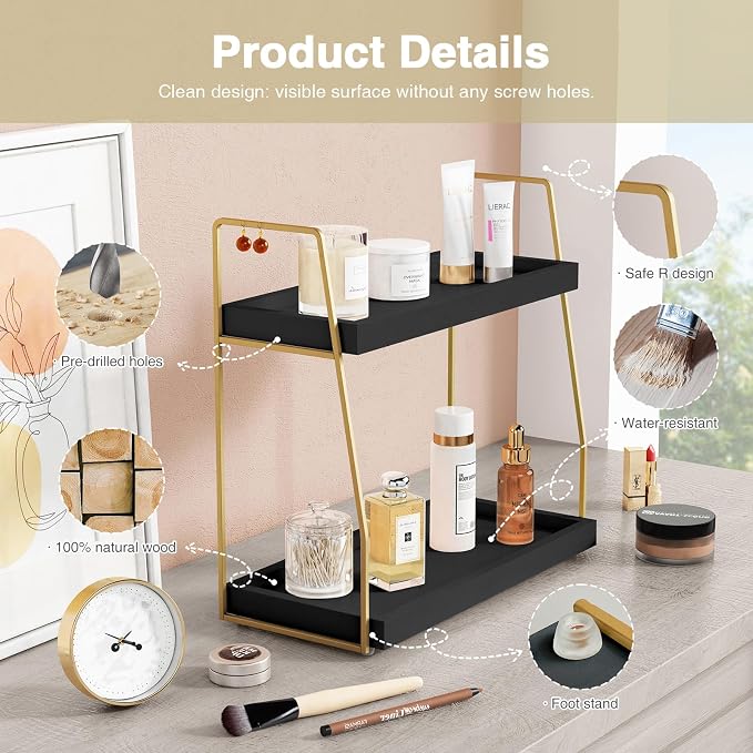 Forbena Black and Gold Bathroom Organizer Countertop, 2 Tier Counter Organizer - Image 7