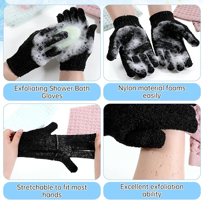 2 Pack Exfoliating Back Scrubber Bath Gloves Set Washcloth Back Scrubber Set - Image 7