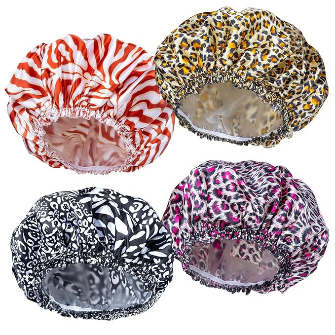 4 PCS Shower Caps for Women, Elastic and Reusable Bath Caps, Double Waterproof by CHFONGDIRECT