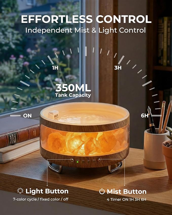 Essential Oil Diffuser with Himalayan Salt Lamp, 350ml Ultrasonic Aromatherapy - Image 6