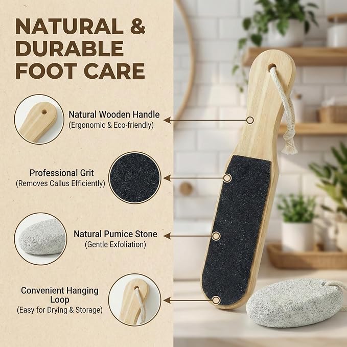 2-Piece Foot File and Pumice Stone Set, Wooden Callus Remover - Image 2