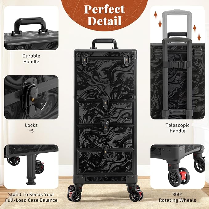 Rolling Makeup Train Case with 3 Drawers, Nail Trolley Cart Salon Station - Image 7
