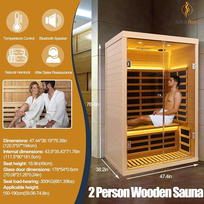 2 Person Infrared Sauna, Low EMF Far Infrared Sauna Hemlock Wooden Sauna - Image 6