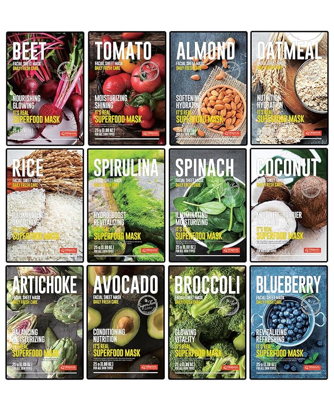 DERMAL Super Food Face Masks Skincare- 12 Pack Facial Sheet Mask by DERMAL