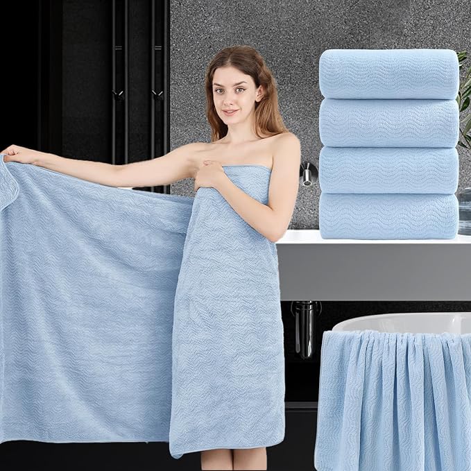 4 Piece Extra Large Bath Towel 35"x70" Oversized Bath Sheet Blue Bath Towel Set by JessyHome