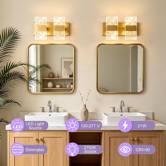 Modern LED Bathroom Light Fixtures Dimmable 2-Light Gold Vanity Light, 5CCT - Image 2