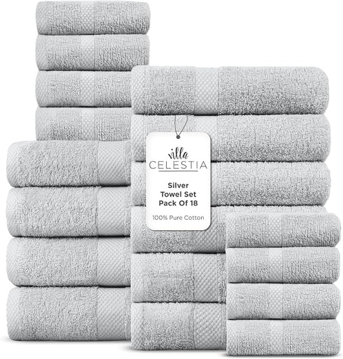 100% Cotton Bath Towel Set of 18-4 Bath Towels, 6 Hand Towels, 8 Wash Cloths by VillaCelestia
