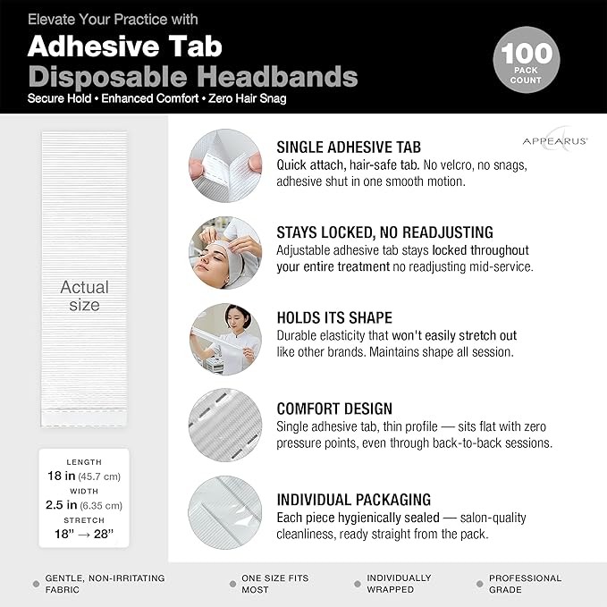 APPEARUS Disposable Stretch Facial Headbands, Snag-Free Adhesive Tab Closure - Image 5