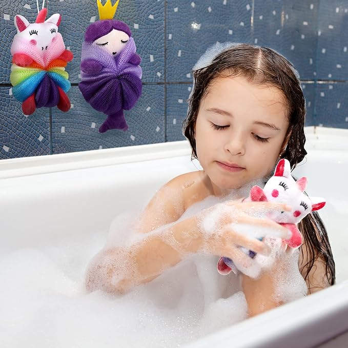 Nuenen 2 Pcs Bath Loofahs Kids Toddler Cute Cartoon Bath Sponges Loofah Pouf - Image 5