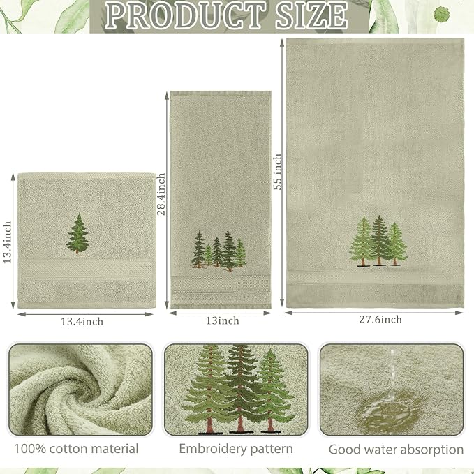 3 Pcs Rustic Pine Trees Bathroom Towel Set Farmhouse Embroidered Pine Trees - Image 2