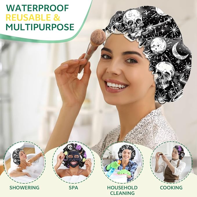 2 PCS Shower Cap Waterproof Double Layer Elastic Adjustable Reusable Hair Bath - Image 6