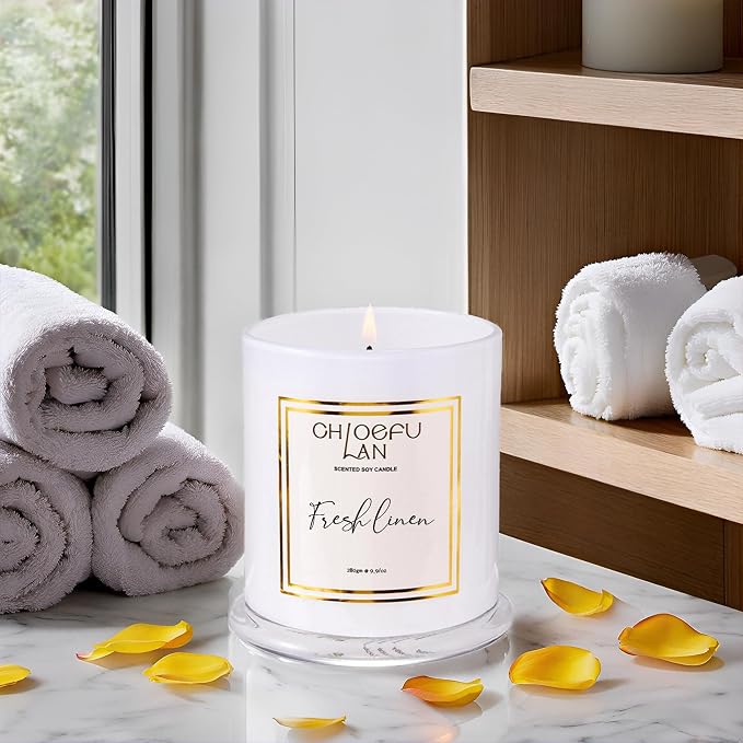 Chloefu LAN White Linen Candles, Luxury Scented Soy Jar Bathroom Candle - Image 3
