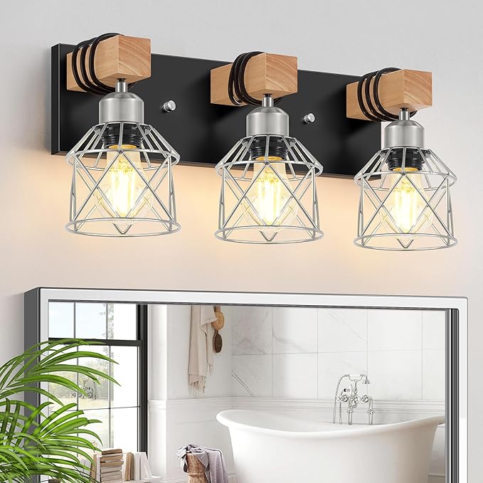 FadimiKoo 3-Light Wood Bathroom Light Fixtures Over Mirror, Rustic Black Silver by FadimiKoo