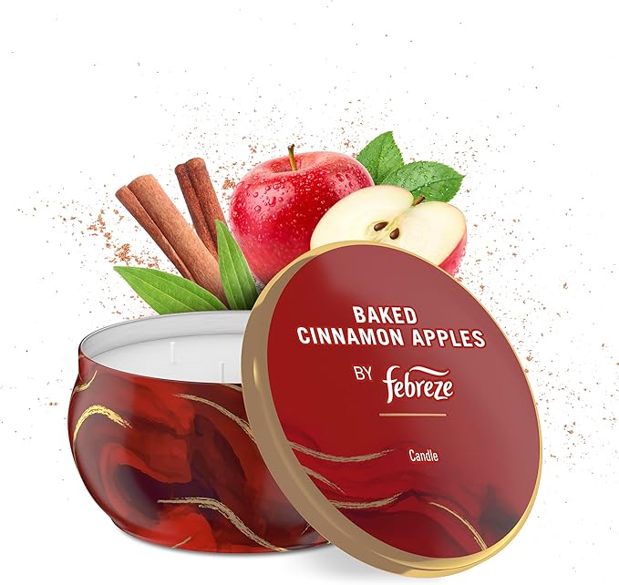Febreze Scented Candle, Baked Cinnamon Apples Scent, 4 Wick Candle, Reusable Tin by Febreze