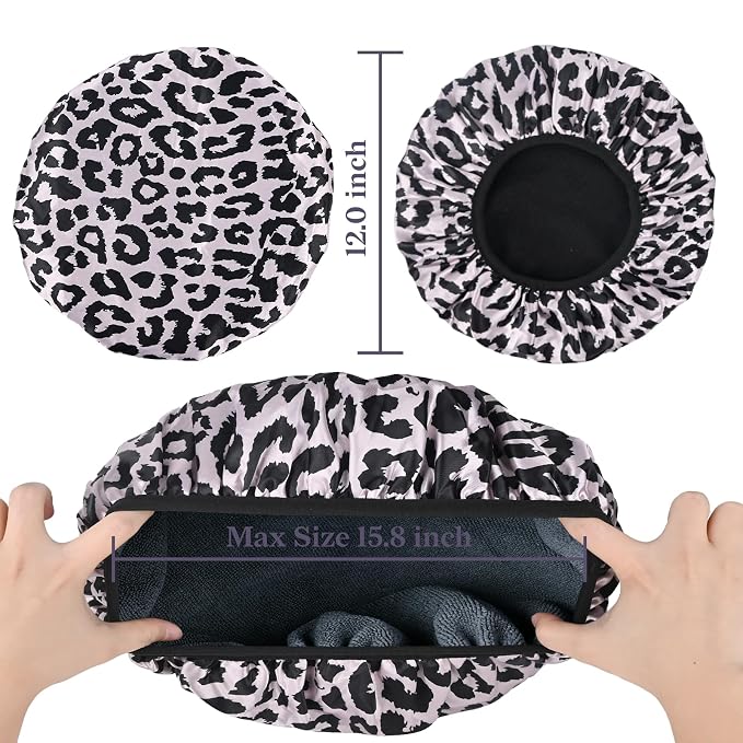Pink Leopard Print Satin Shower Cap, Three-Layer Terry Cloth Lined, - Image 2