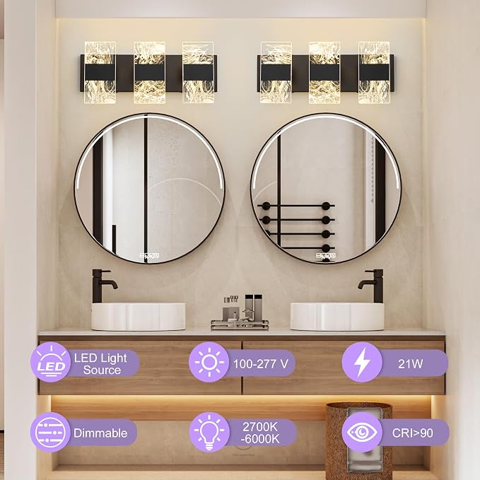 Modern LED Bathroom Light Fixtures Dimmable 3-Light Black Vanity Light - Image 2