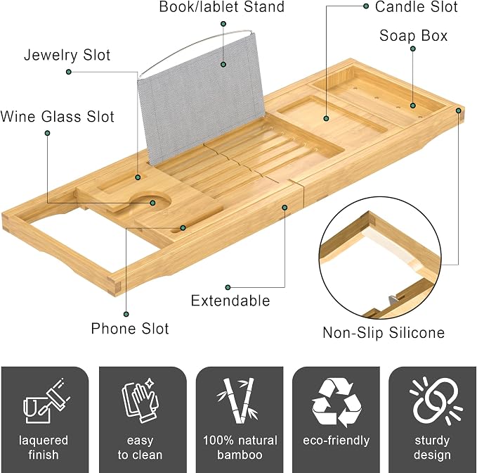 Foldable Bathtub Caddy Tray for Tub, Bamboo Expandable Bath Table Trays - Image 5