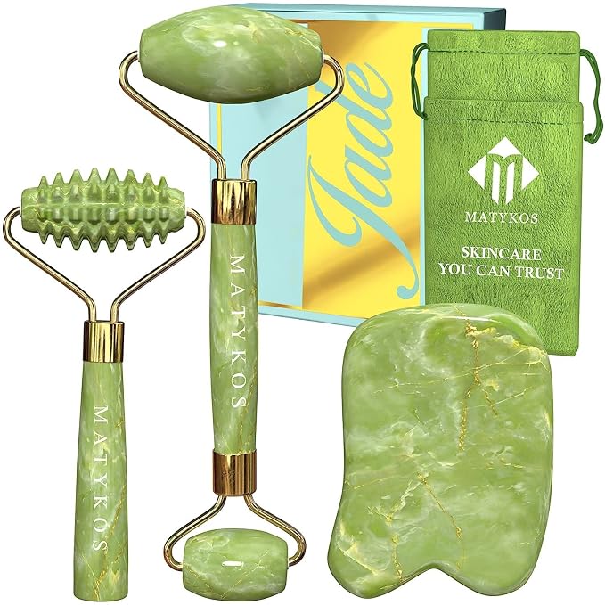 Jade Roller for Face and Gua Sha Set by MatykosBeauty