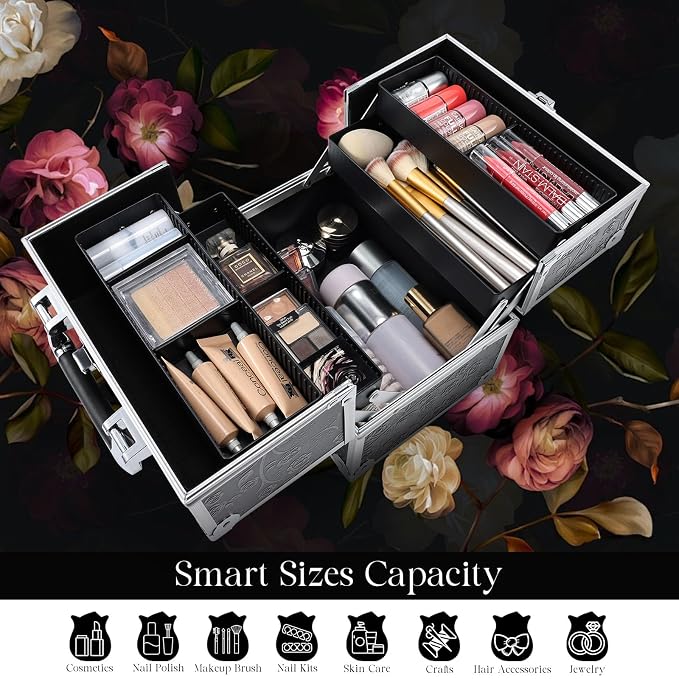 FRENESSA Makeup Train Case Cosmetic Box Portable Makeup Case Organizer 4 Trays - Image 7