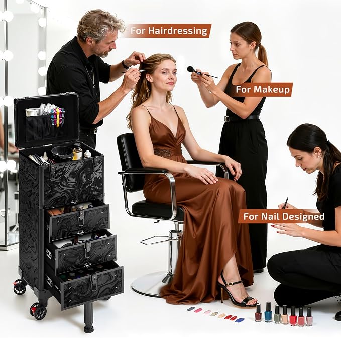 Rolling Makeup Train Case with 3 Drawers, Nail Trolley Cart Salon Station - Image 2