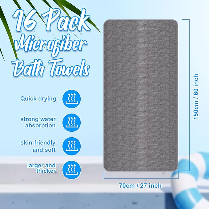 SmoothNovelty 16 Pack Microfiber Bath Towels Bulk 27'' x 60'' Oversized Size - Image 2