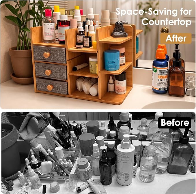 Large Makeup Organizer For Vanity, Large Capacity 3 Tiers Bamboo Bathroom - Image 5