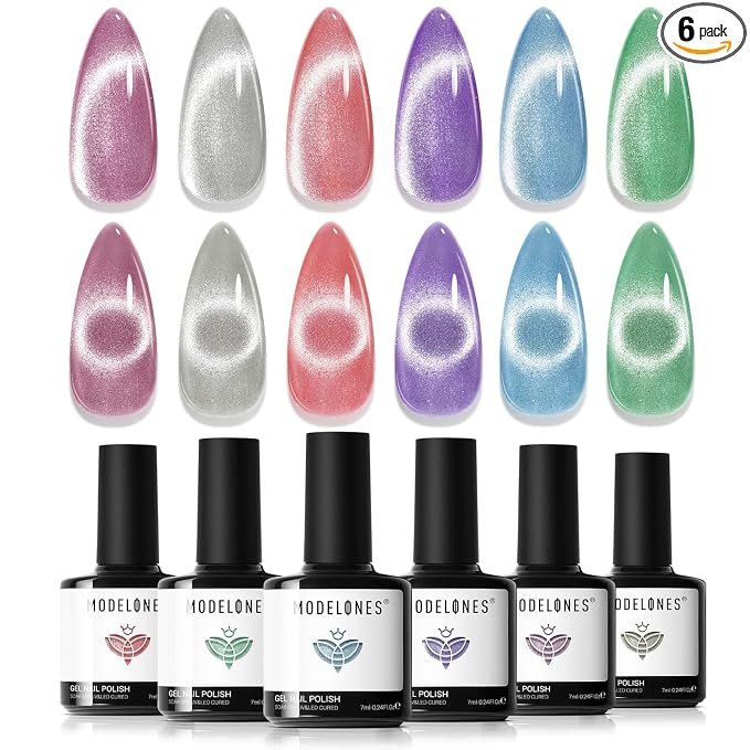 modelones Cat Eye Gel Nail Polish 6 Colors Red Green Silver Purple Blue Glitter by MODELONES