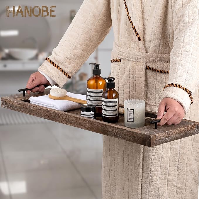 Hanobe Bathtub Tray Bath Caddy: Wood Tub Trays Table Extra Large Rustic Bathtub - Image 7