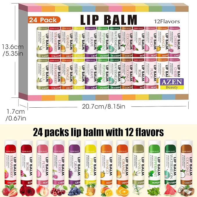 AZEN 24 Pack Lip Balm Bulk, Moisturizing Lip Balms - Image 8