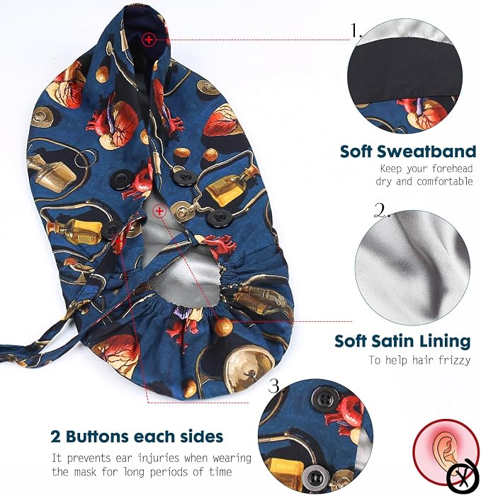 Satin Lined Scrub Caps with Buttons & Sweathand, Surgical Caps - Image 3