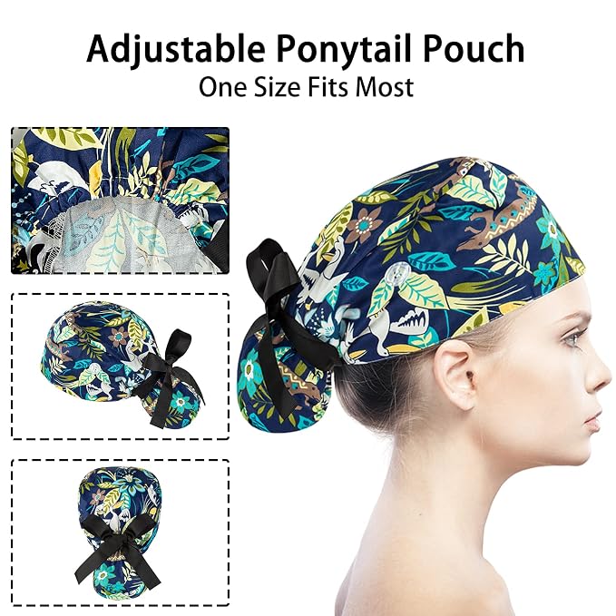 Scrub Caps Women Bouffant Scrub Caps, Adjustable Working Cap Ponytail Pouch Tie - Image 5