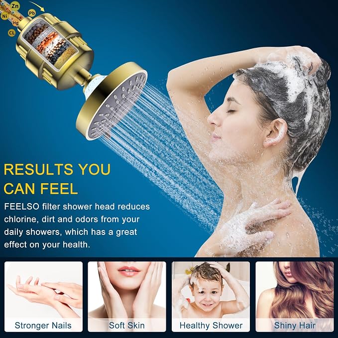 Shower Head and 15 Stage Shower Filter Combo, FEELSO High Pressure 5 Spray - Image 4