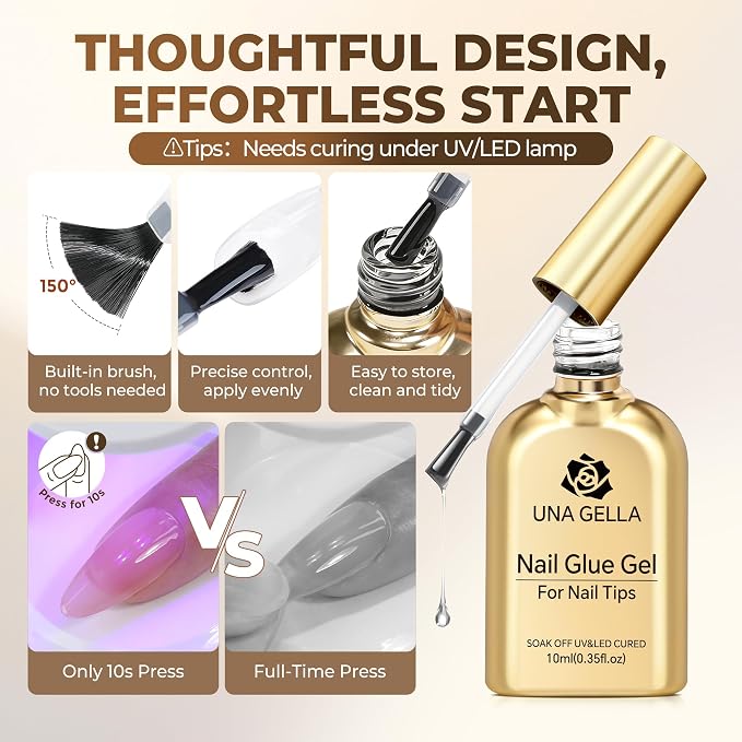 UNA GELLA 9 in 1 Gel Nail Glue for Clear Acrylic Nails Tips 2Pcs 10ml Long - Image 6