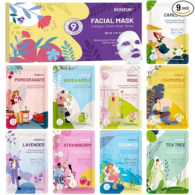 KONEUK 9 Pack Hydrating Face Masks Skincare, Bulk Sheet Face Mask by KONEUK