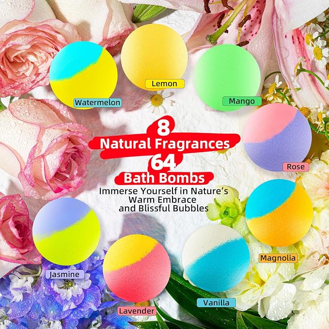 64 Pack Natural Bath Bombs Bulk Set – 8 Scents, Organic Ingredients, - Image 4