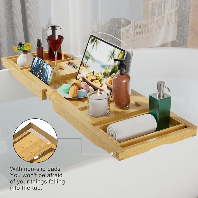Bathtub Caddy Tray for Tub, Foldable Bath Table Trays, Bamboo Shelf - Image 6