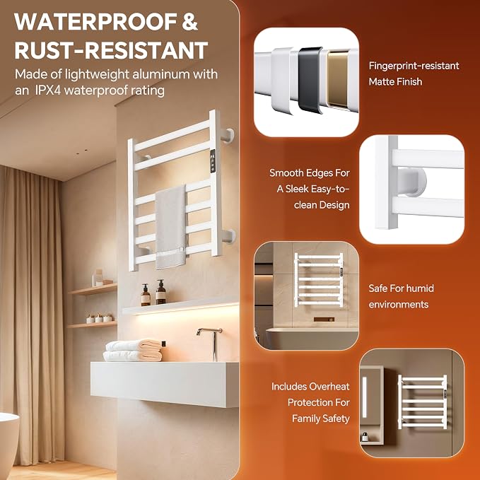 Electric Towel Warmer Wall Mounted, 6 Bar Heated Towel Rack - Image 7