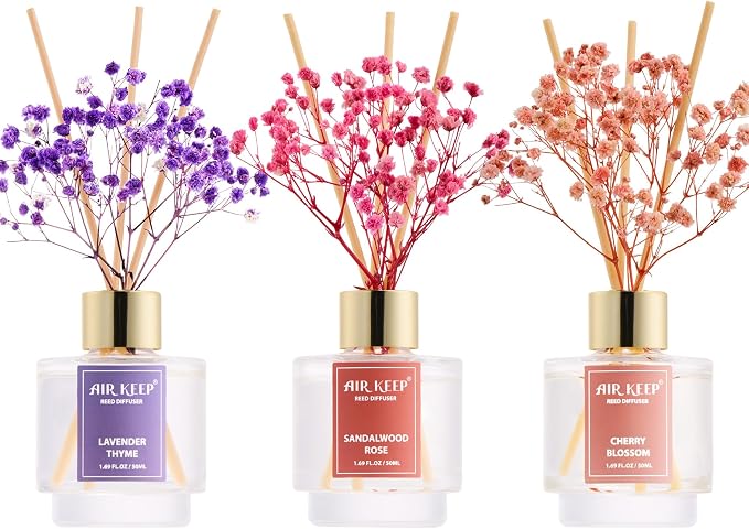 Airkeep Reed Diffuser Set of 3, Lavender Thyme Sandalwood Rose Cherry Blossom by Airkeep