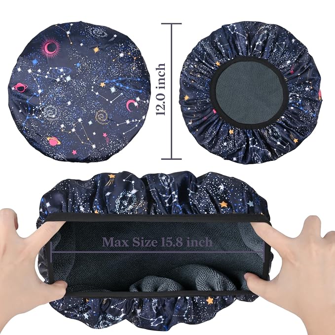 Navy Astral Print Satin Shower Cap, Three-Layer Terry Cloth Lined, - Image 2