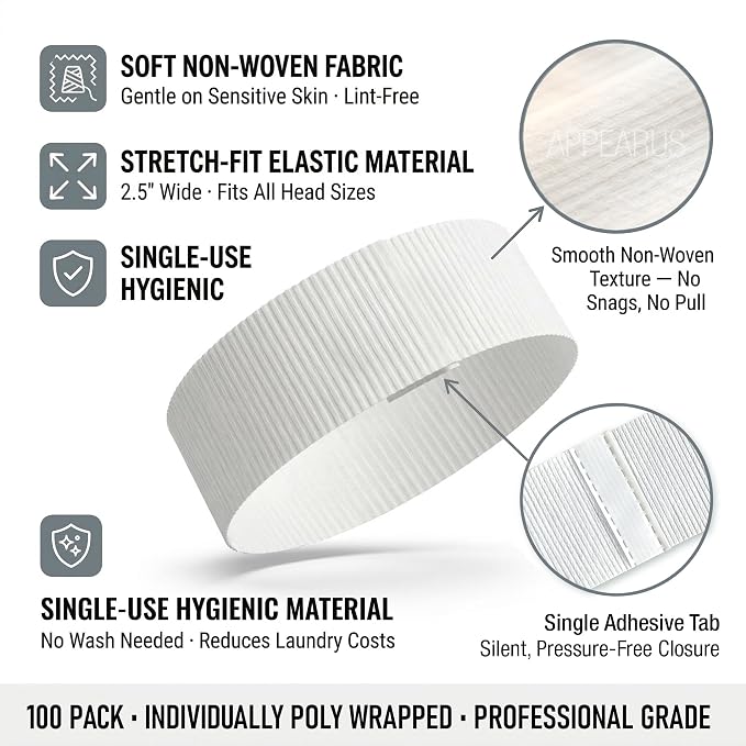 APPEARUS Disposable Stretch Facial Headbands, Snag-Free Adhesive Tab Closure - Image 2