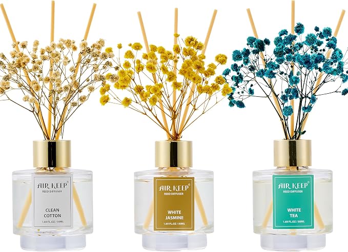 Airkeep Reed Diffuser Set of 3, Clean Cotton White Jasmine White Tea Oil Reed by Airkeep