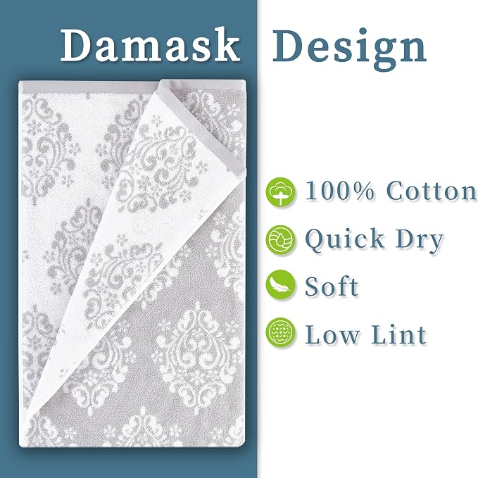 Grey Pattern Bath Towels, Quick Dry Bath Towel, Damask Jacquard Shower Towel - Image 2