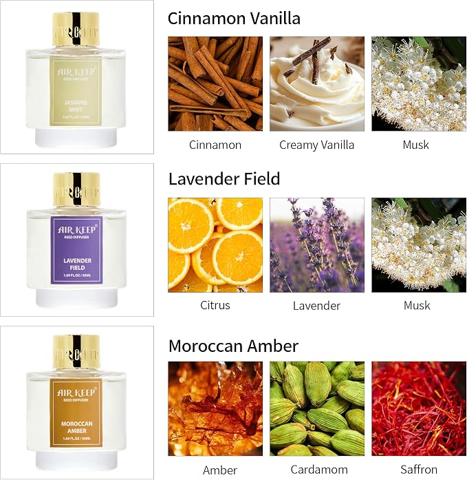 Airkeep Reed Diffuser Set of 3, Cinnamon Vanilla Lavender Field Moroccan Amber - Image 3