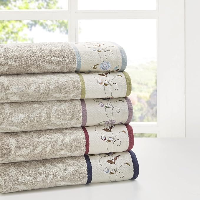 Madison Park Serene 100% Cotton Bath Towel Set Luxurious Floral Decorative - Image 9