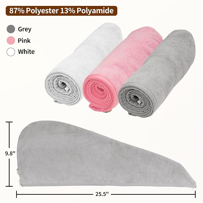 NEXCOVER Hair Towel Microfiber, 3 Pack White Grey Pink 9.8 inch X 25.5 inch - Image 4
