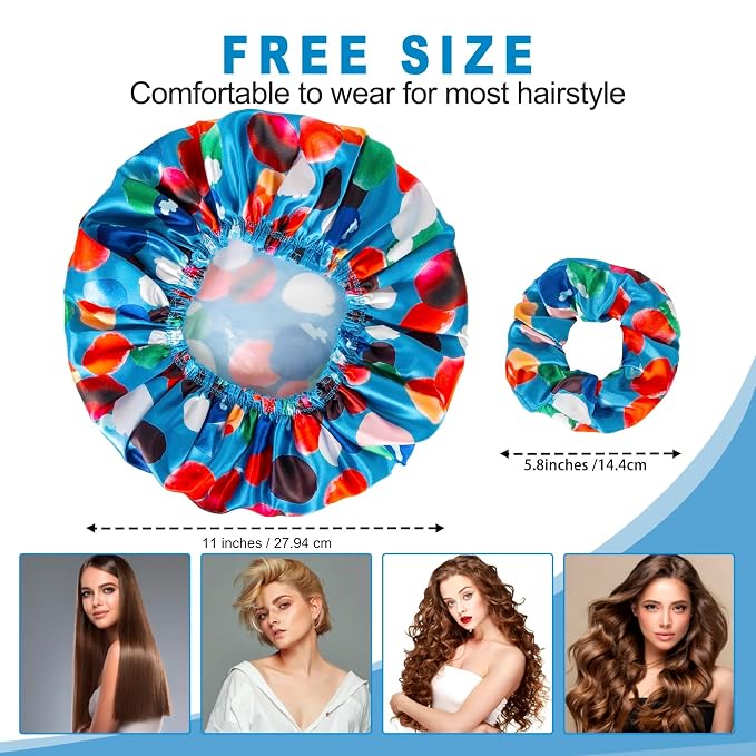 Shower Cap for Women Set of 4, Bath Caps, Double Layers Hair Caps + 2 Satin - Image 3