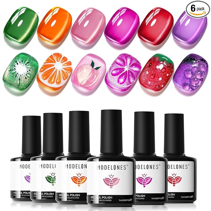 modelones Cat Eye Gel Nail Polish Set, 6 Colors Orange Neon Galaxy Hot Pink by MODELONES